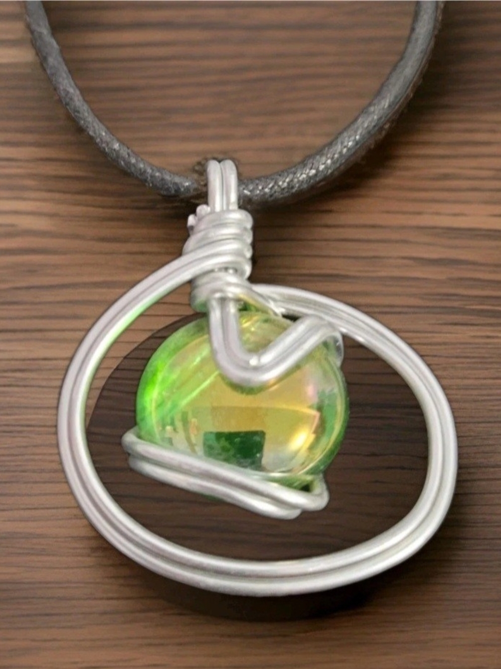 Handcrafted Silver Wire Pendant Necklace with Green Iridescent Orb